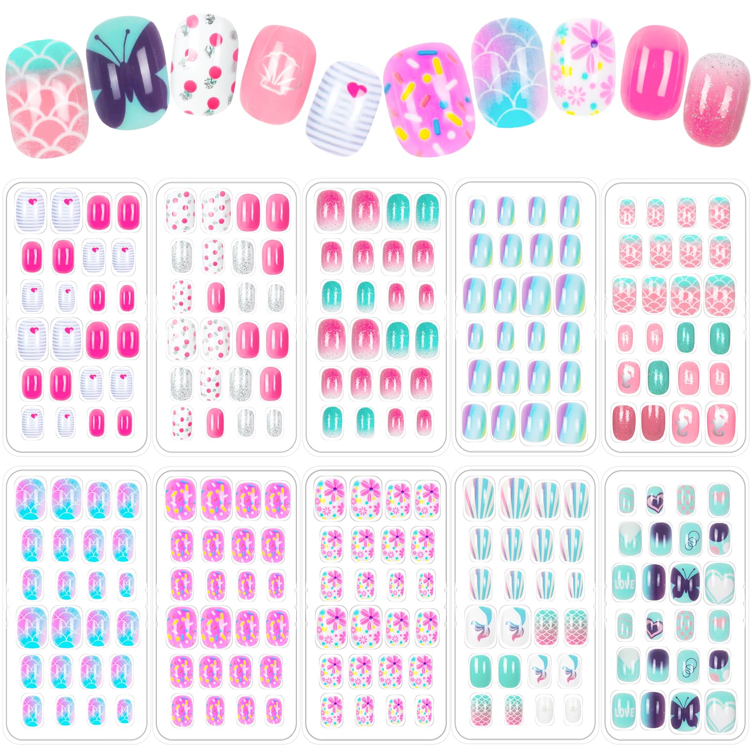 JOAOYO kids fake nails set shows 10 colorful boxes for quick nail art.