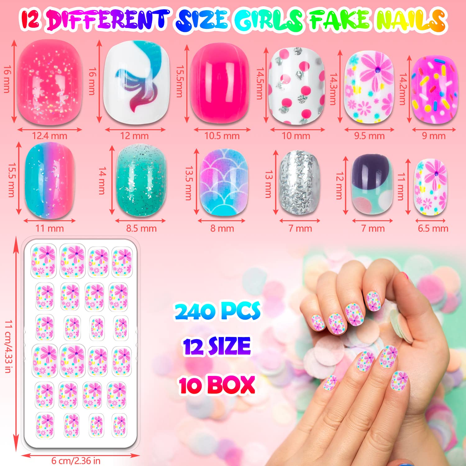 JOAOYO kids fake nails with bright colors and cartoon patterns for creative designs.