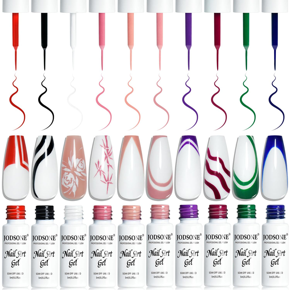 JODSONE 10pcs nail-art gel liner with built-in brush for precise detail work.