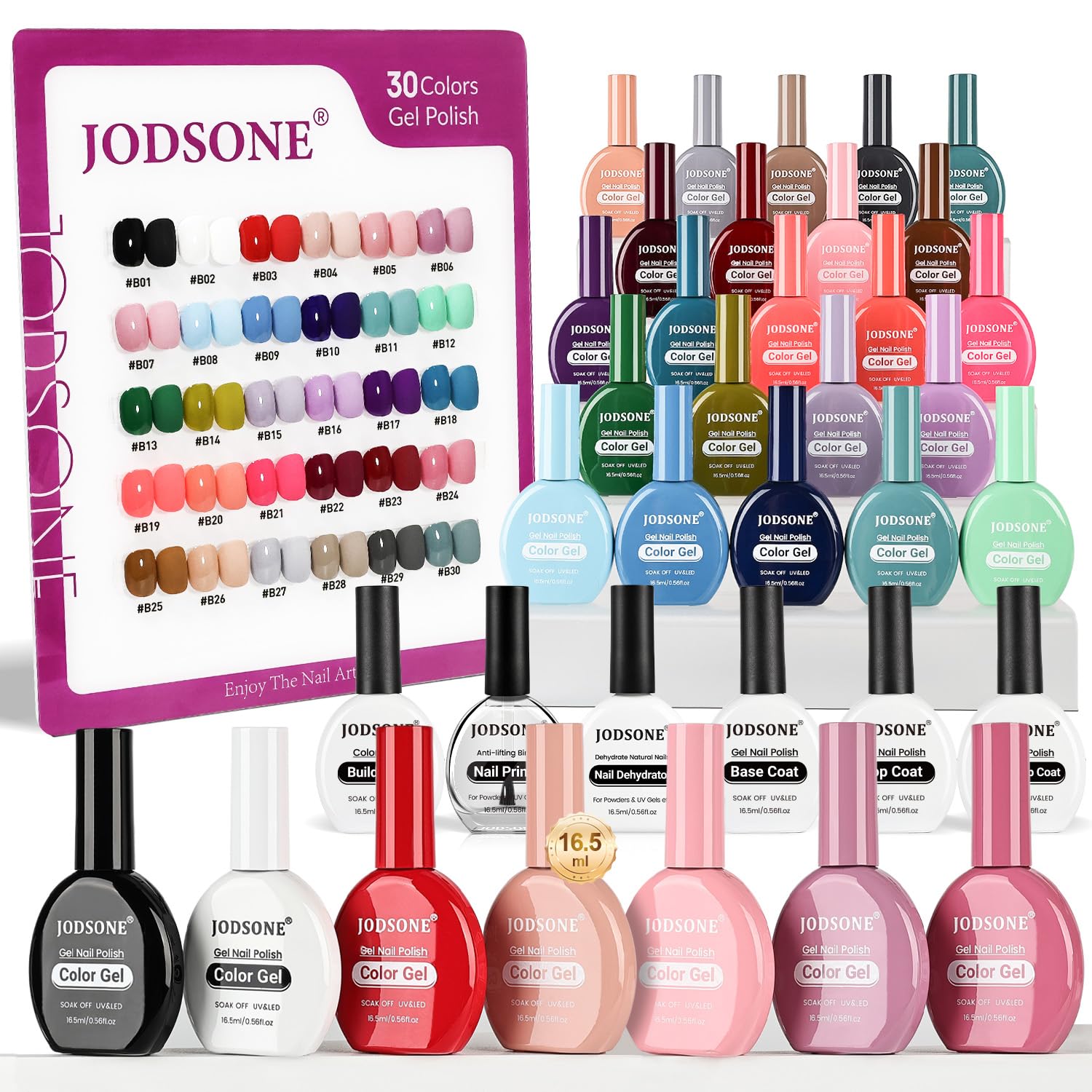 JODSONE 30 colors gel nail polish set with color swatches for at-home nail art