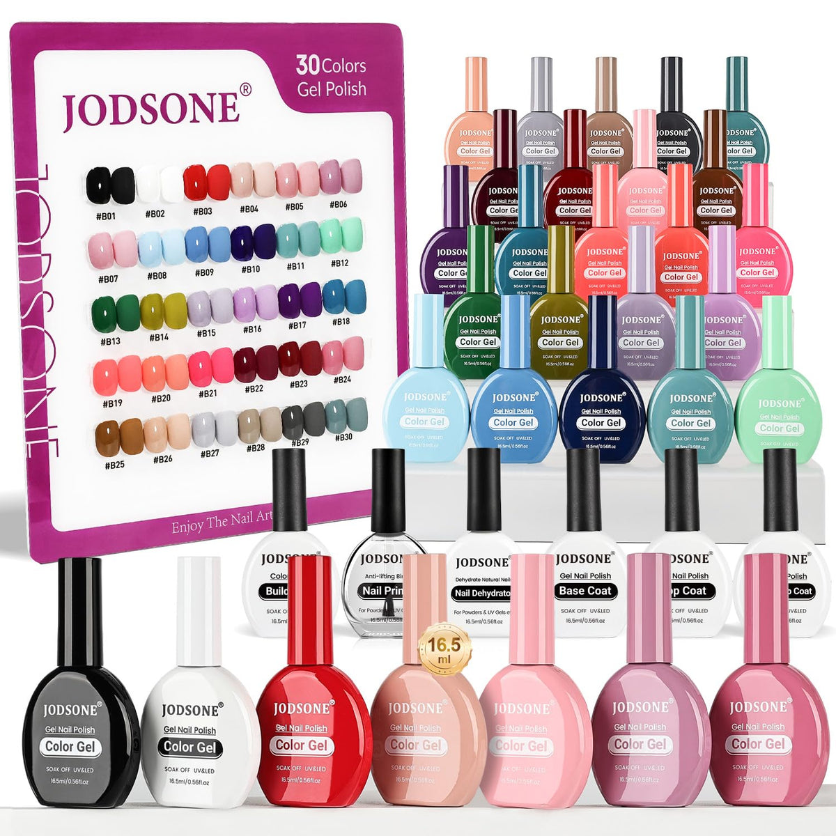 JODSONE 30 colors gel nail polish set with color swatches for at-home nail art