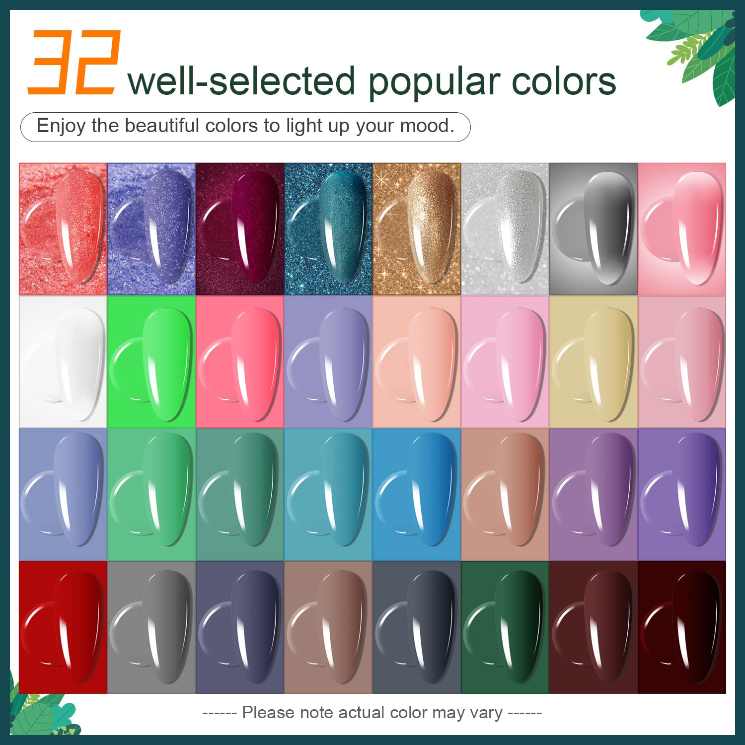 JODSONE 32-color gel nail polish bottles arranged for custom nail art