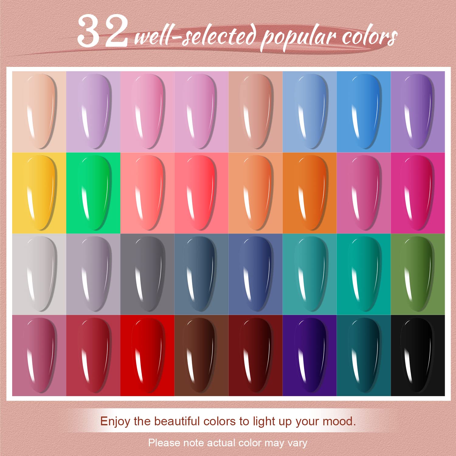 JODSONE 32-color gel polish bottles provide vibrant color options.