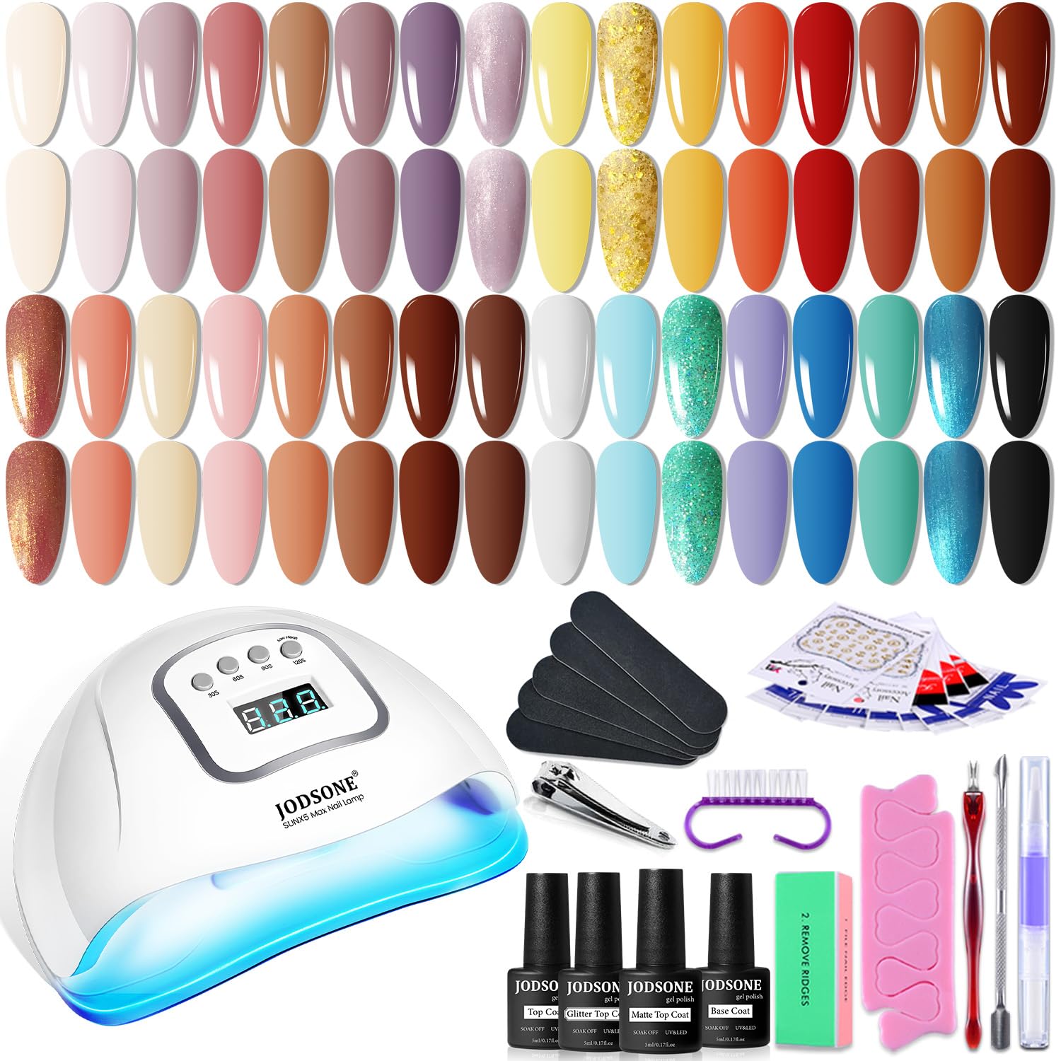 JODSONE 36-pcs gel nail kit front view with colorful bottles for at-home manicure.