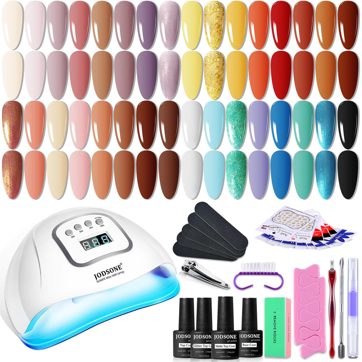 JODSONE 36-pcs gel nail kit front view with colorful bottles for at-home manicure.