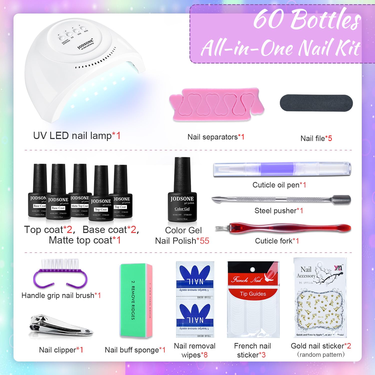 JODSONE glitter color gel polish bottles offer vibrant sparkle for party looks.