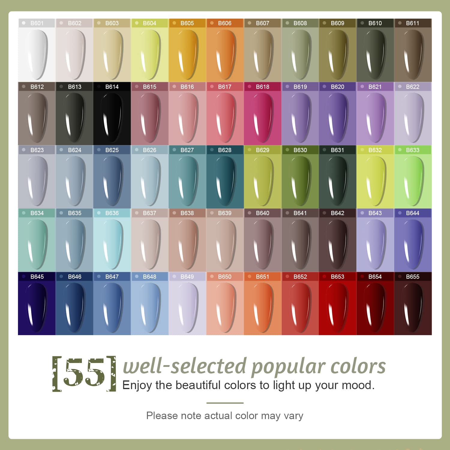 JODSONE 55 gel colors array highlighting versatile styles for every occasion.