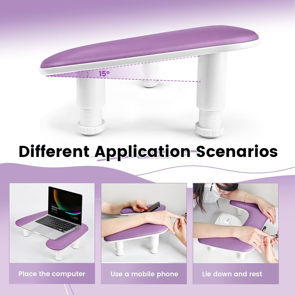 JODSONE adjustable-height manicure arm rest shown in three positions