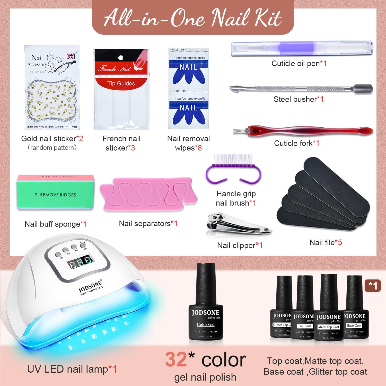 JODSONE base coat with glitter top coat for durable shine.