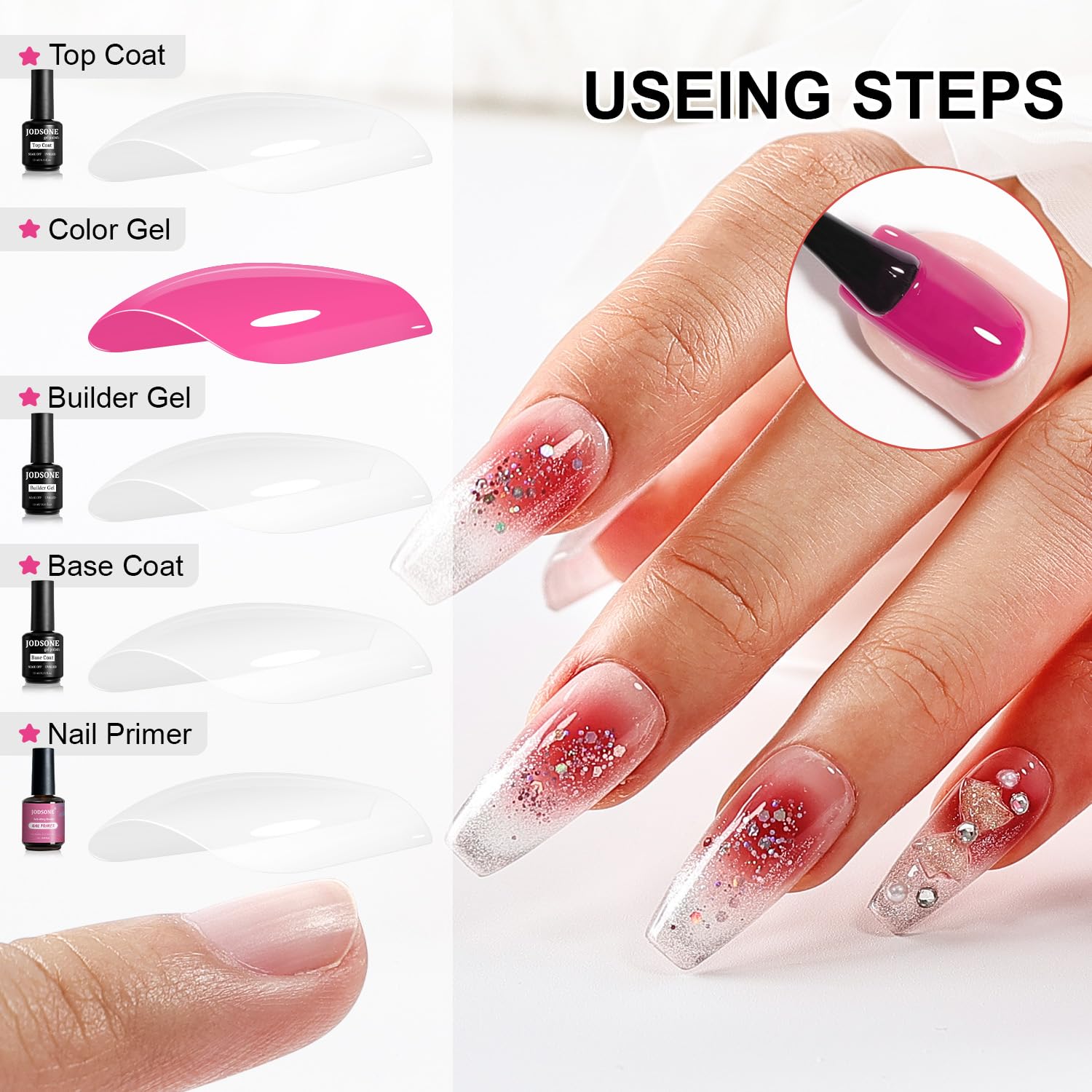 JODSONE gel mani application process image shows even layer building.