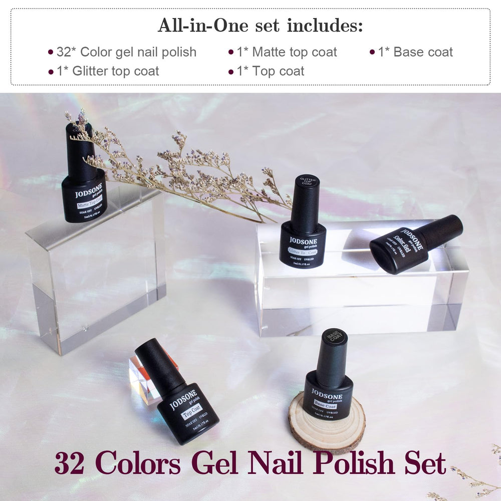 JODSONE 32-color glitter gel polish swatches for bold designs.