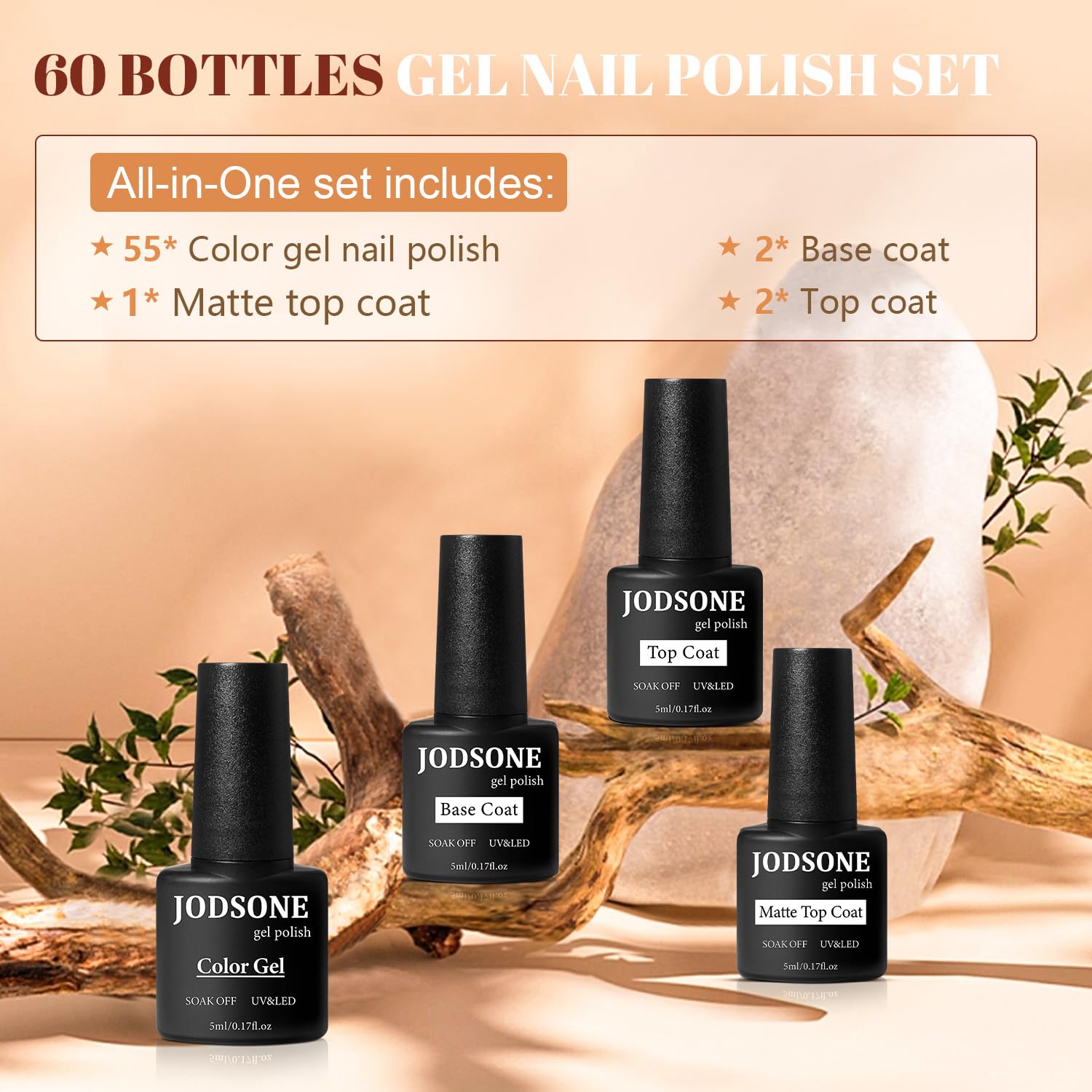 JODSONE gel nail polish bottles close-up showing vibrant hues for seasonal styling.