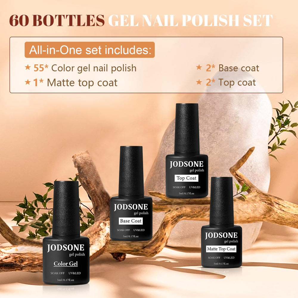 JODSONE gel nail polish bottles close-up showing vibrant hues for seasonal styling.