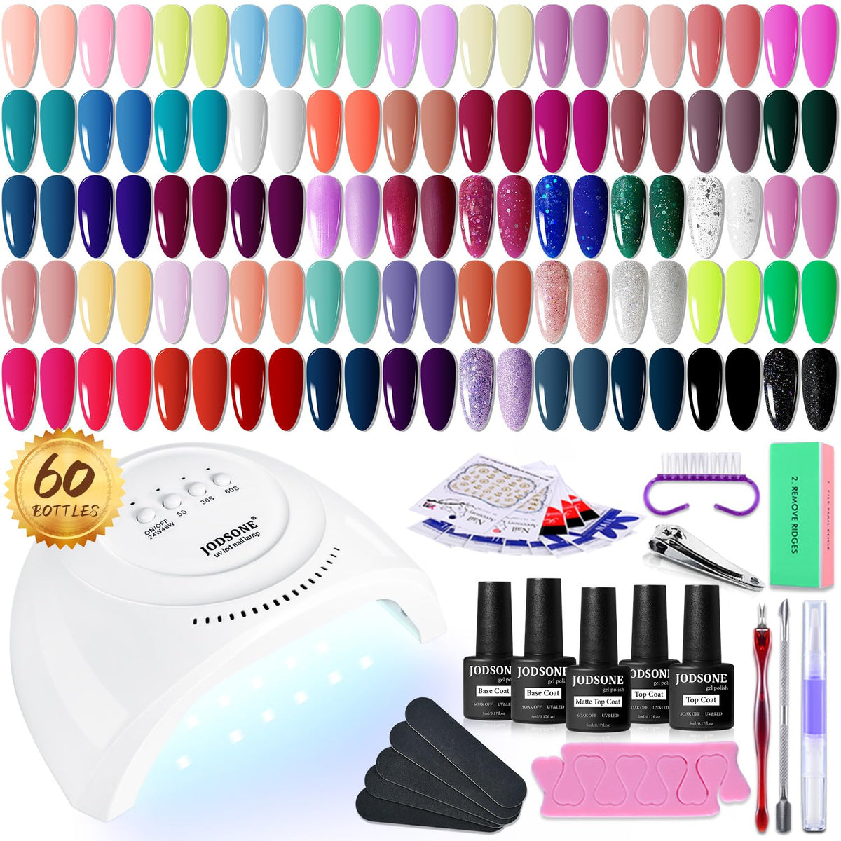 JODSONE gel nail polish kit with 55 colors arranged for versatile styling and planning.