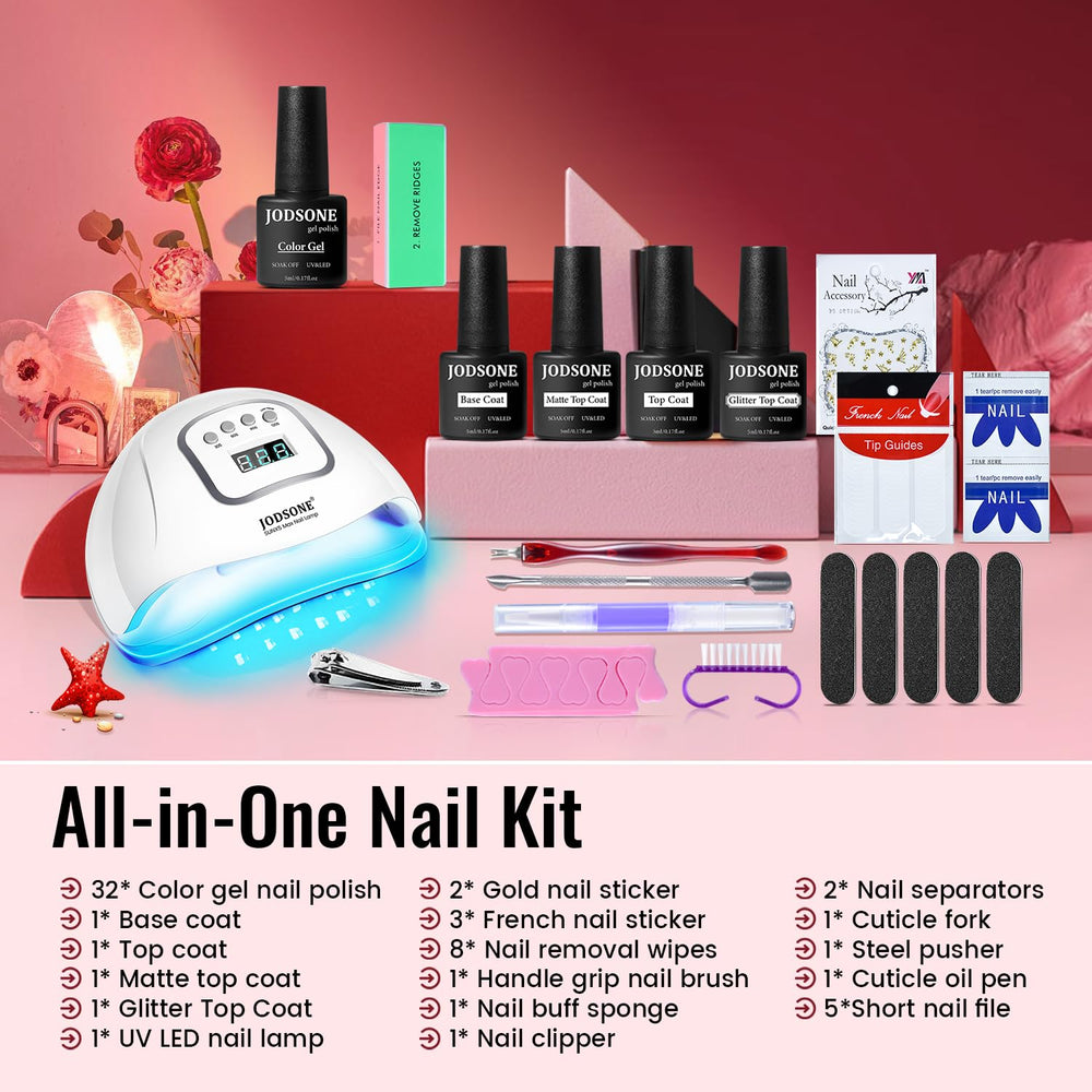 JODSONE color display showing 32 gel hues for versatile nail art.