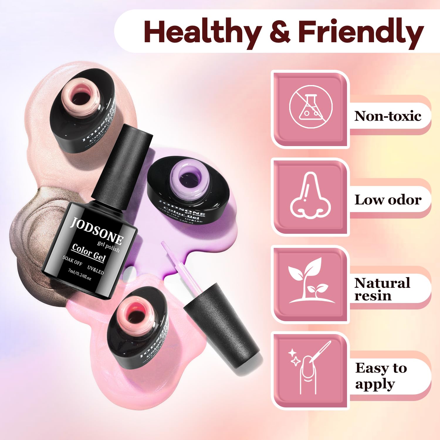 JODSONE gel polish bottle close-up shows high shine and color payoff.