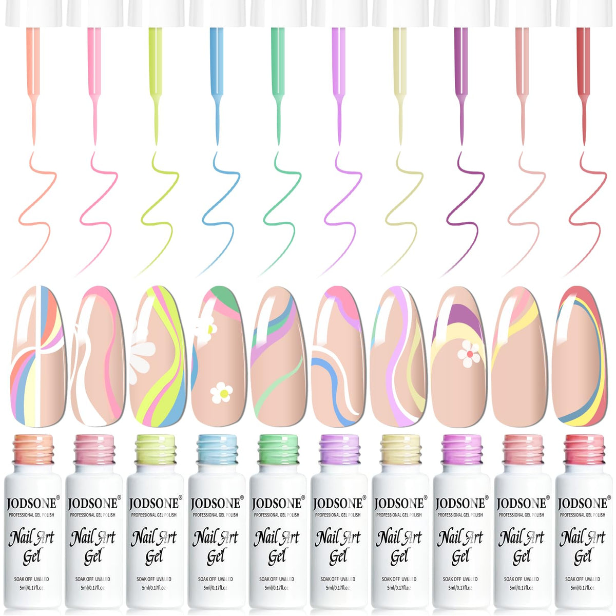 JODSONE nail-art gel liner set 10 colors palette for precise detailing.