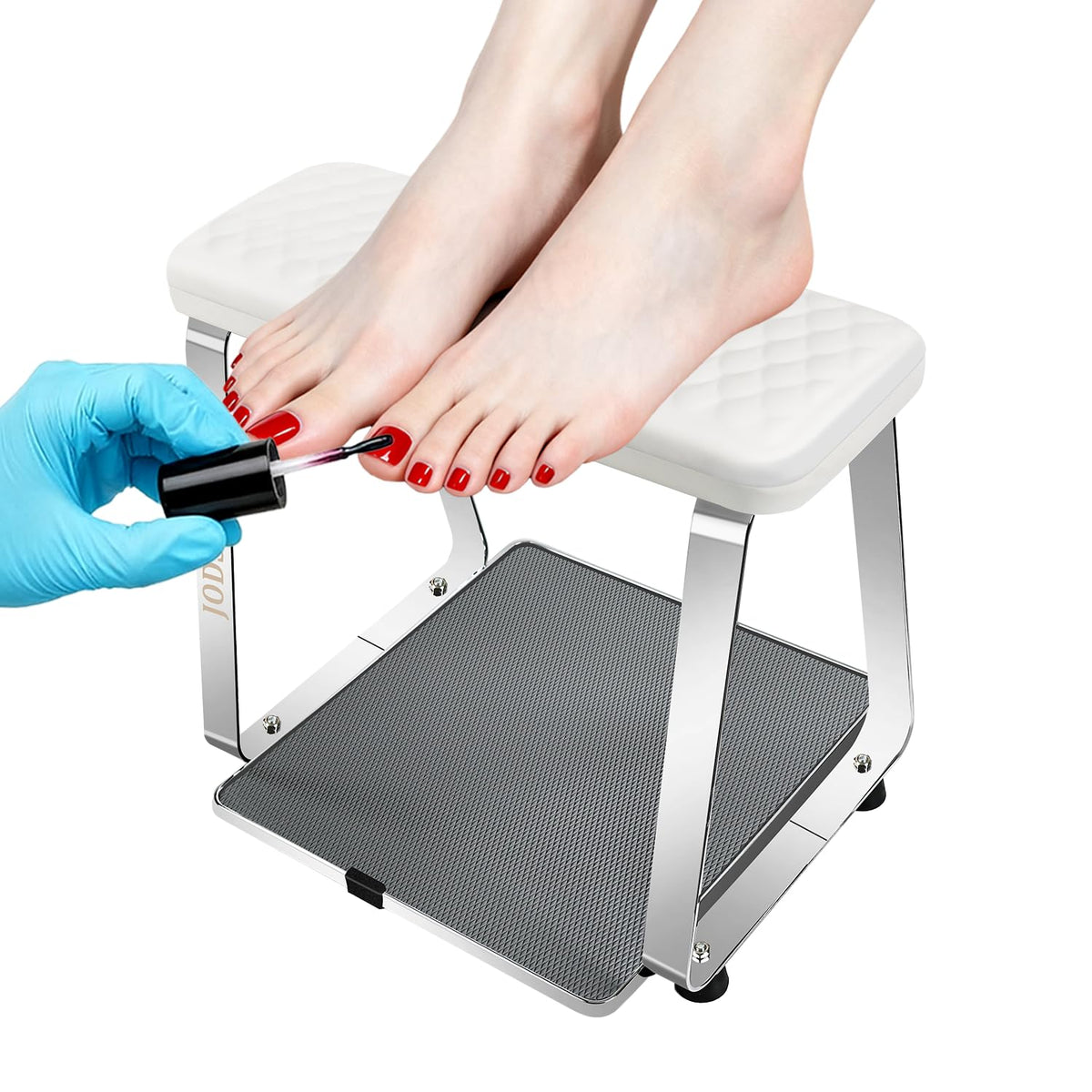 JODSONE pedicure foot rest in stainless-steel stand ensures stable nail care.