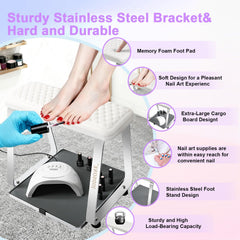 JODSONE foot rest with storage shelf keeps polishes and tools within reach.