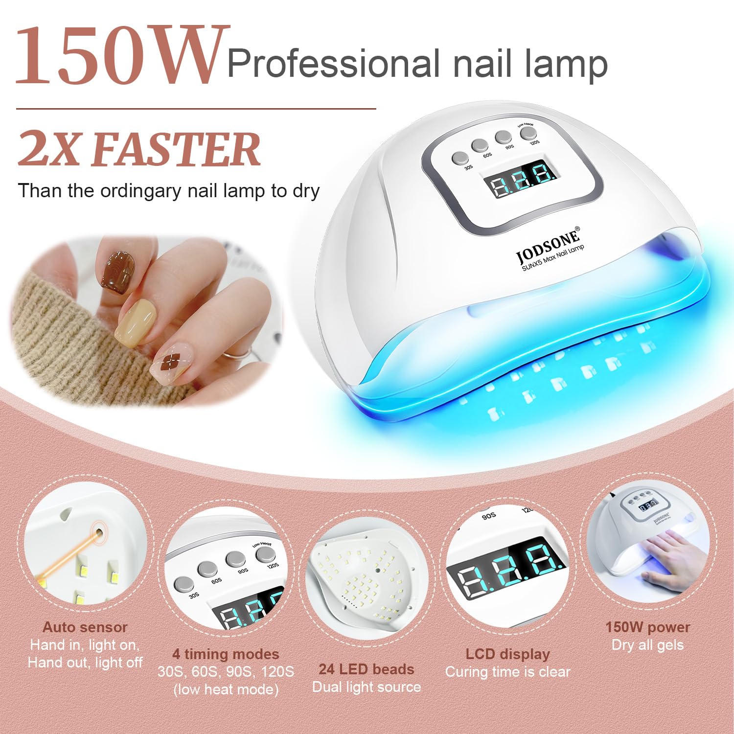 JODSONE professional nail lamp delivers quick curing for speedy manicures.
