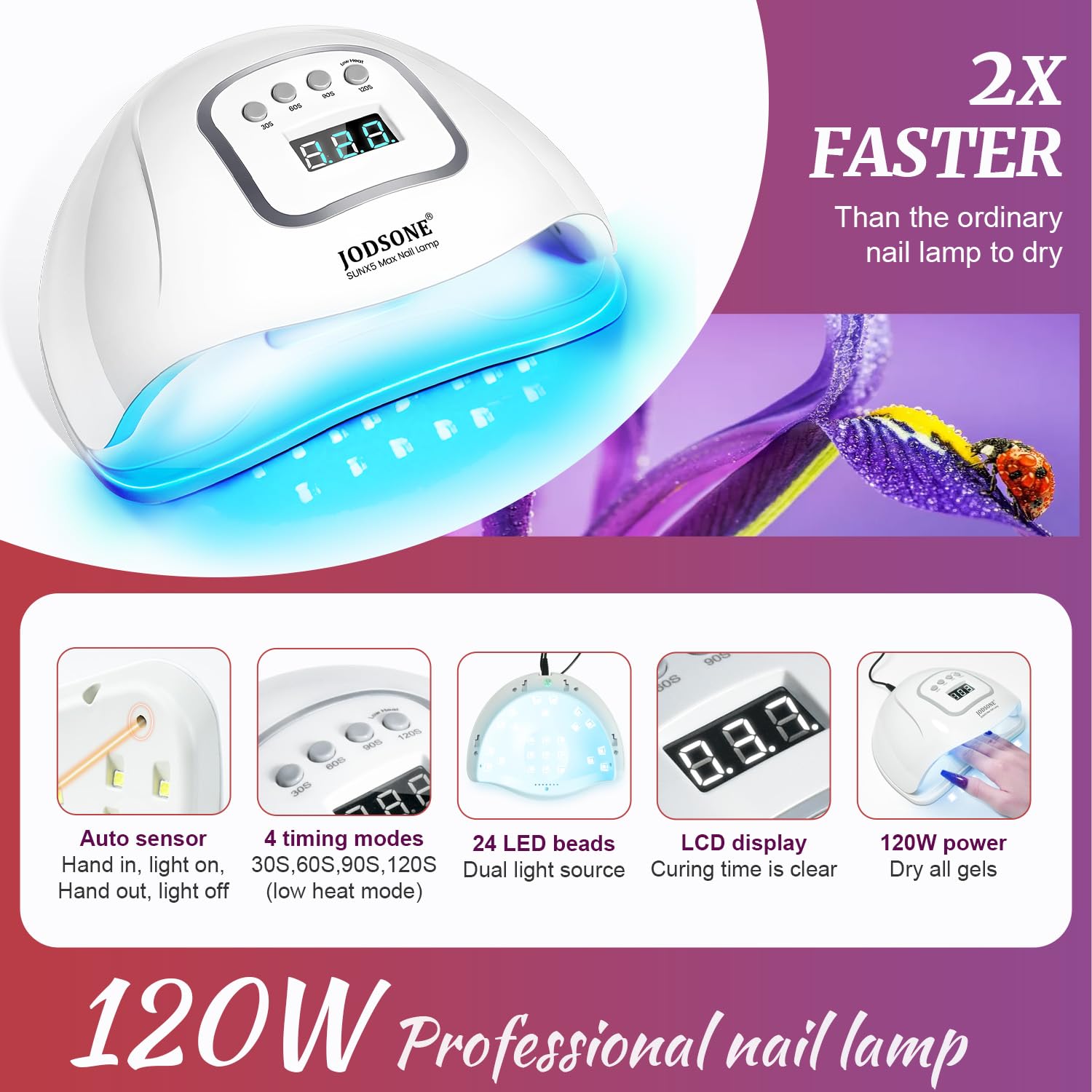 JODSONE smart nail lamp with LCD sensor enables quick curing.