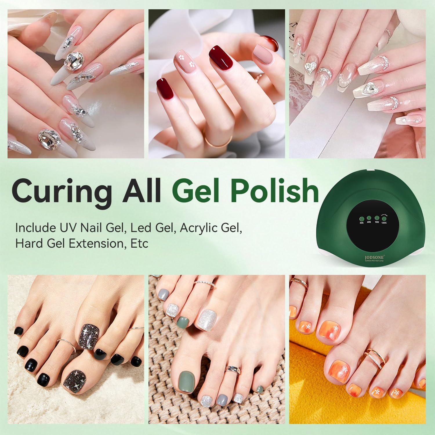 Compact green housing suitable for home salon use, JODSONE nail lamp on a vanity.