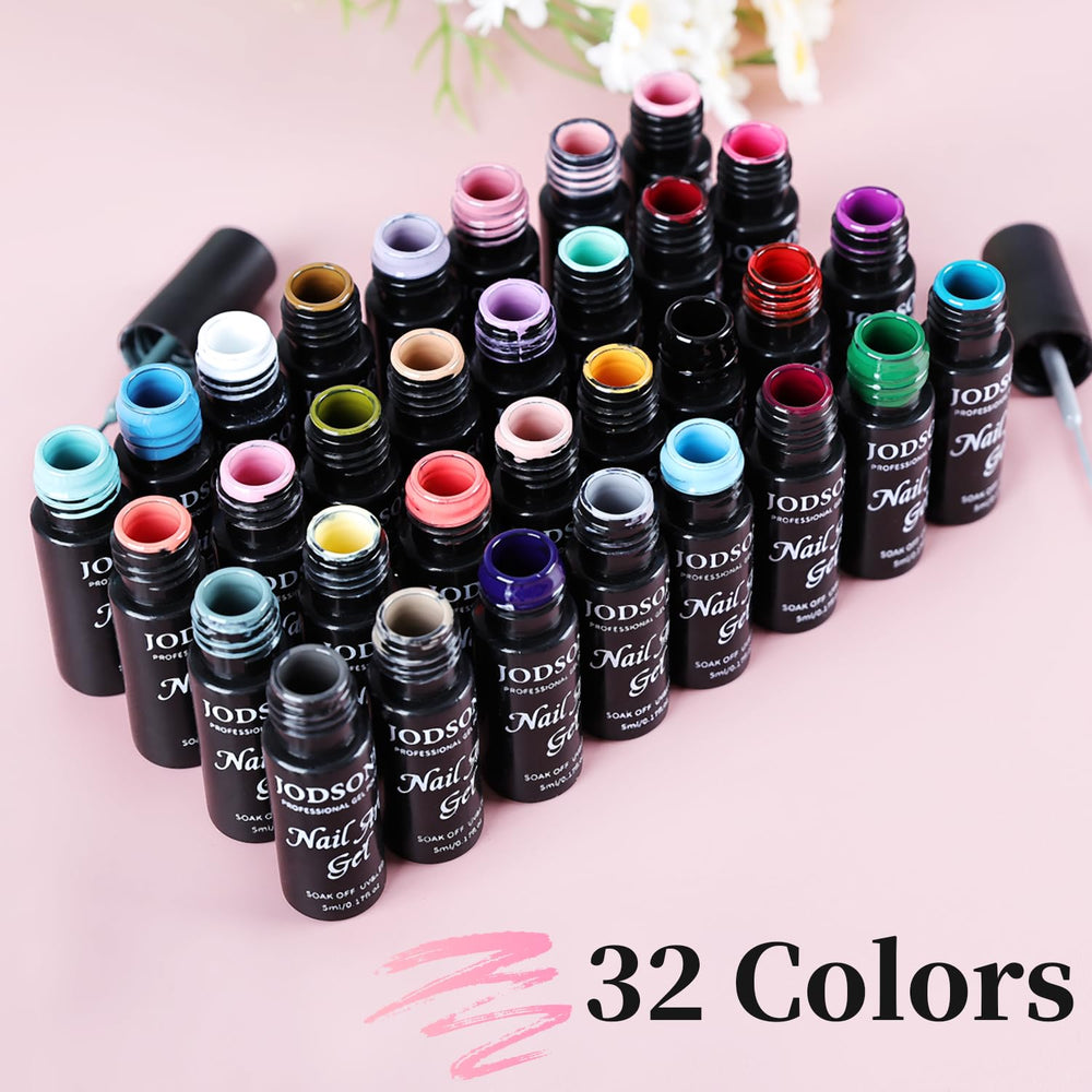 JODSONE 32-color gel pigments laid out demonstrate versatile color layering for chic nail designs.