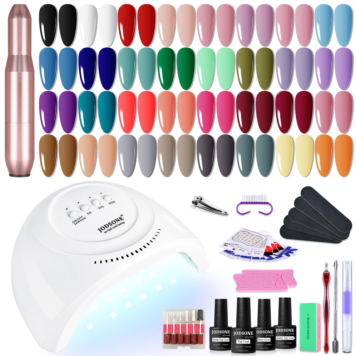 JODSONE 36-piece gel nail polish set offers vibrant shades for at-home manicures.