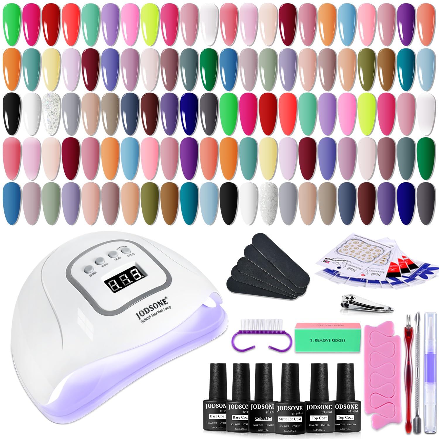 JODSONE gel nail polish kit with 55 colors on display for versatile at-home styling.