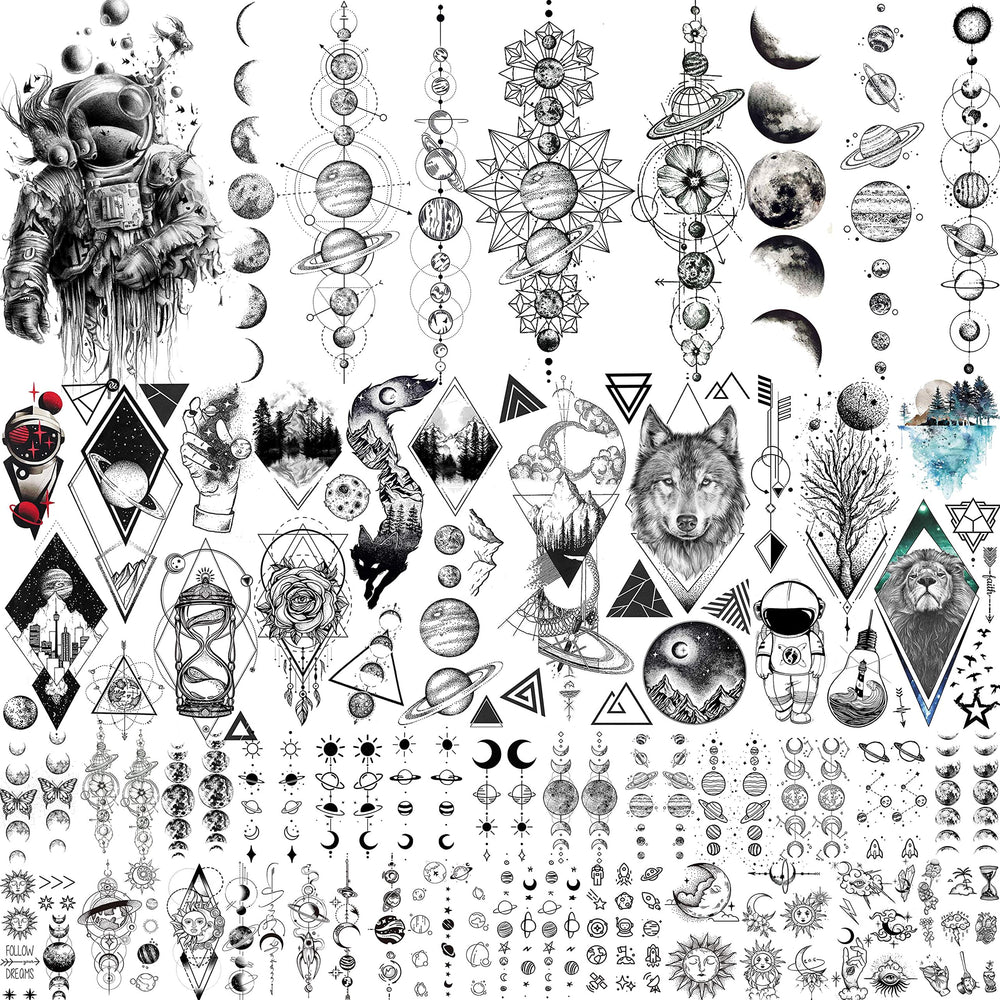 JOEHAPY 33-sheets outer-space tattoos pack for kids and adults, ideal for themed parties.