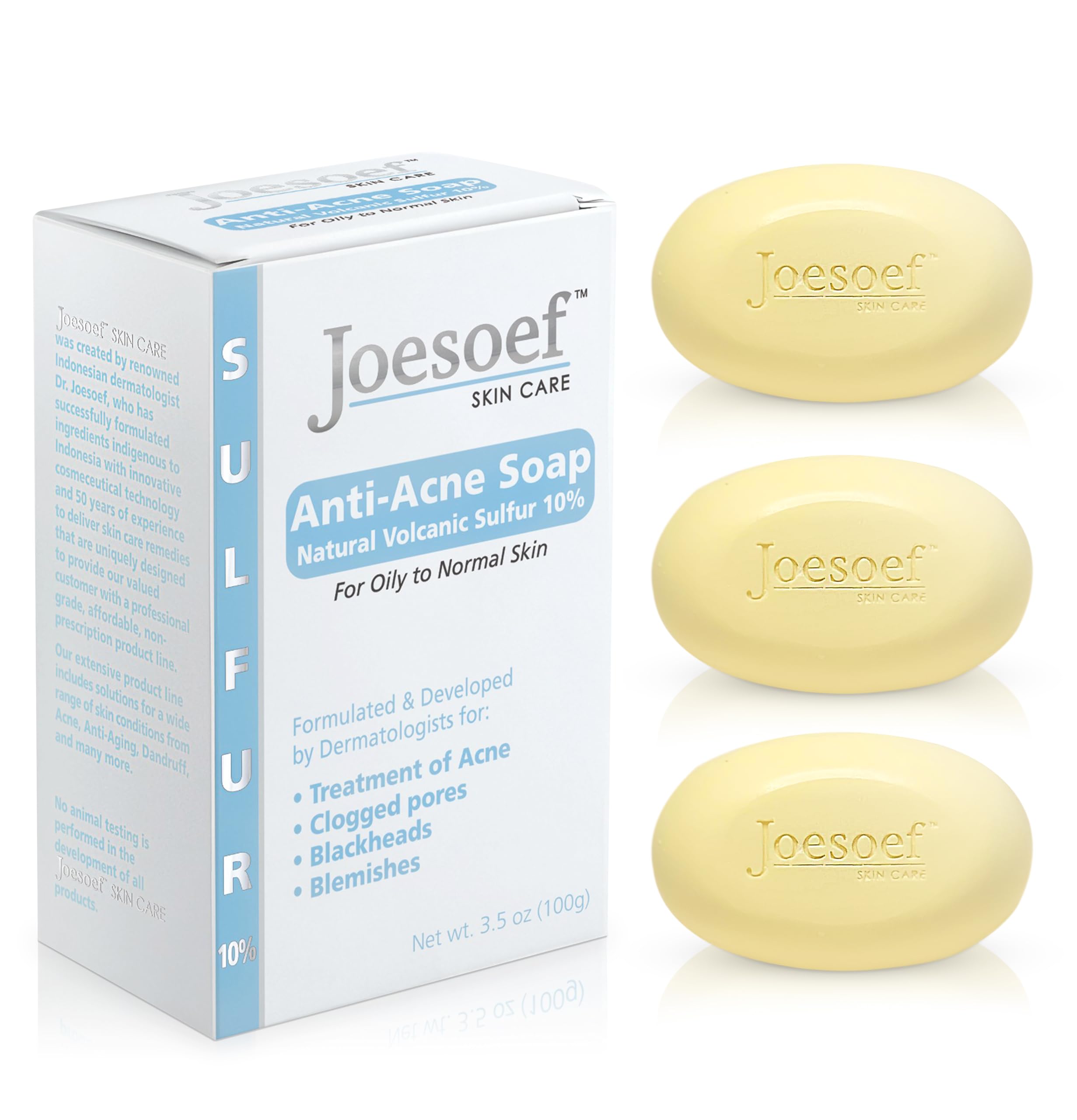 JOESOEF SKIN CARE anti-acne soap packaging showcases dermatologist-developed formula.