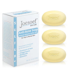 JOESOEF SKIN CARE anti-acne soap packaging showcases dermatologist-developed formula.