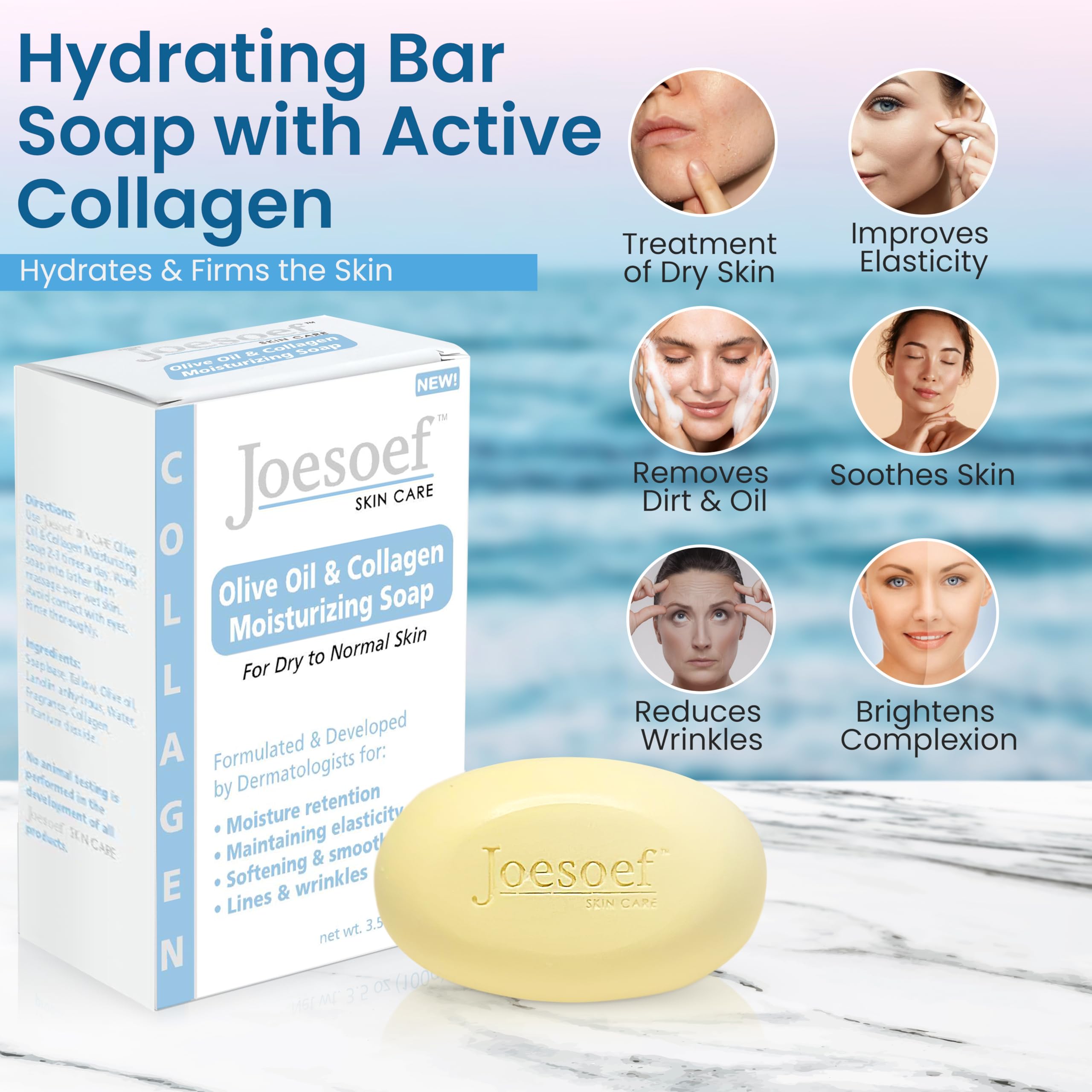 JOESOEF SKIN CARE olive oil collagen packaging shows premium ingredients for daily moisturization.