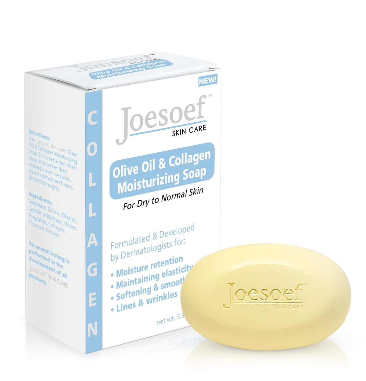 JOESOEF SKIN CARE olive oil collagen soap bar 100g on display for daily moisturizing cleanse.