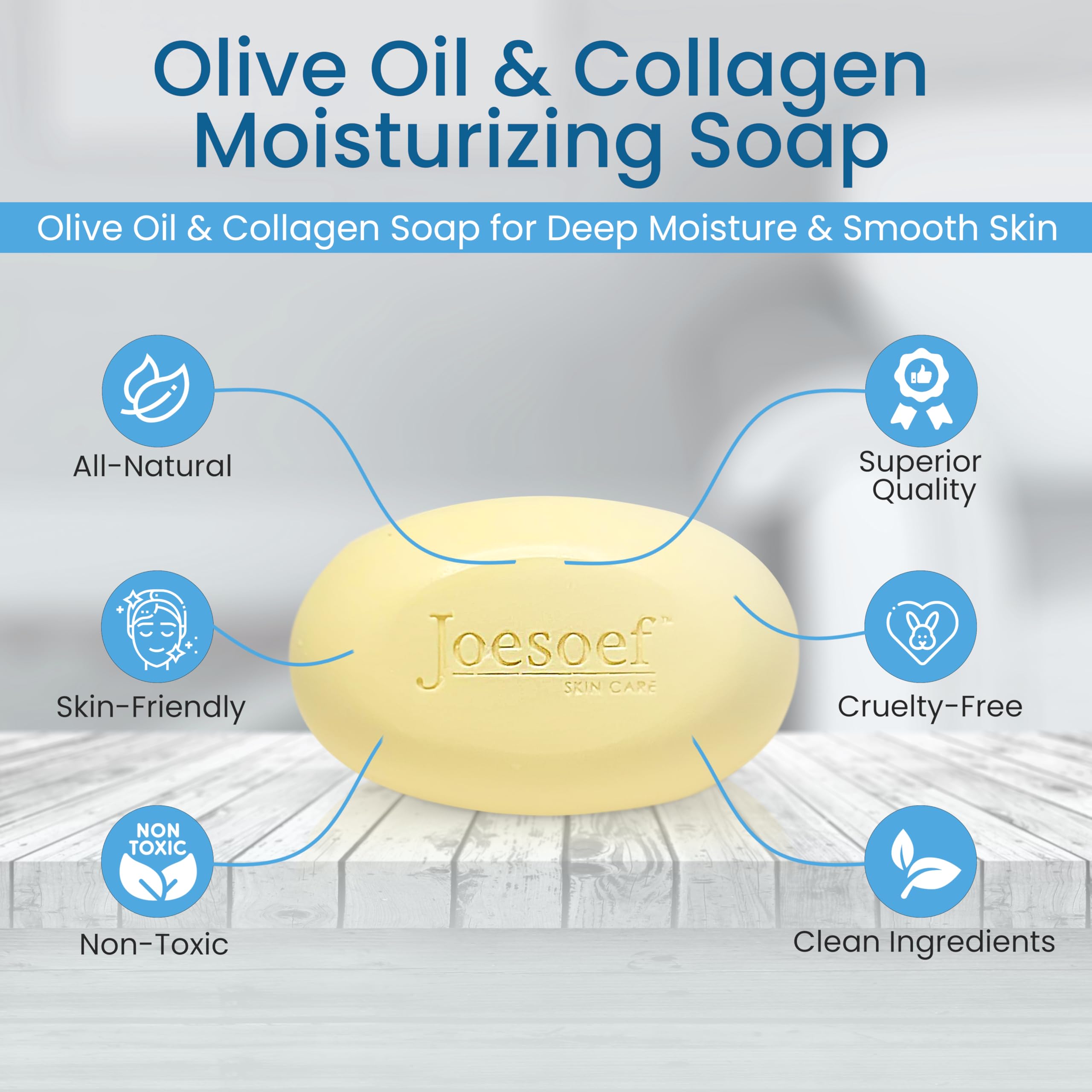 JOESOEF SKIN CARE soap on bath shelf, everyday skincare ritual.