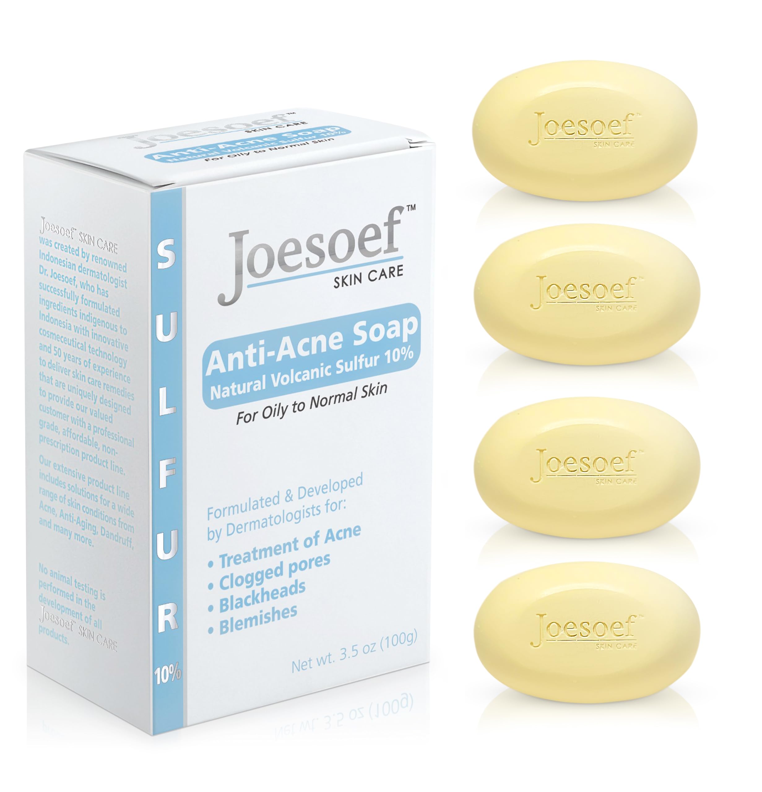 JOESOEF sulfur soap 4-pack bottle for easy daily acne-prone skin cleansing.