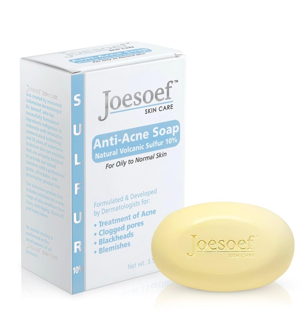 JOESOEF SULFUR SOAP packaging shows dermatologist-approved formula for acne-prone skin
