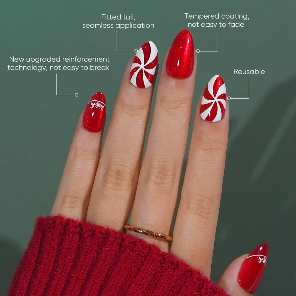 Jofay Fashion candy elk stick-on nails show glossy sparkle for cheeky holiday style.