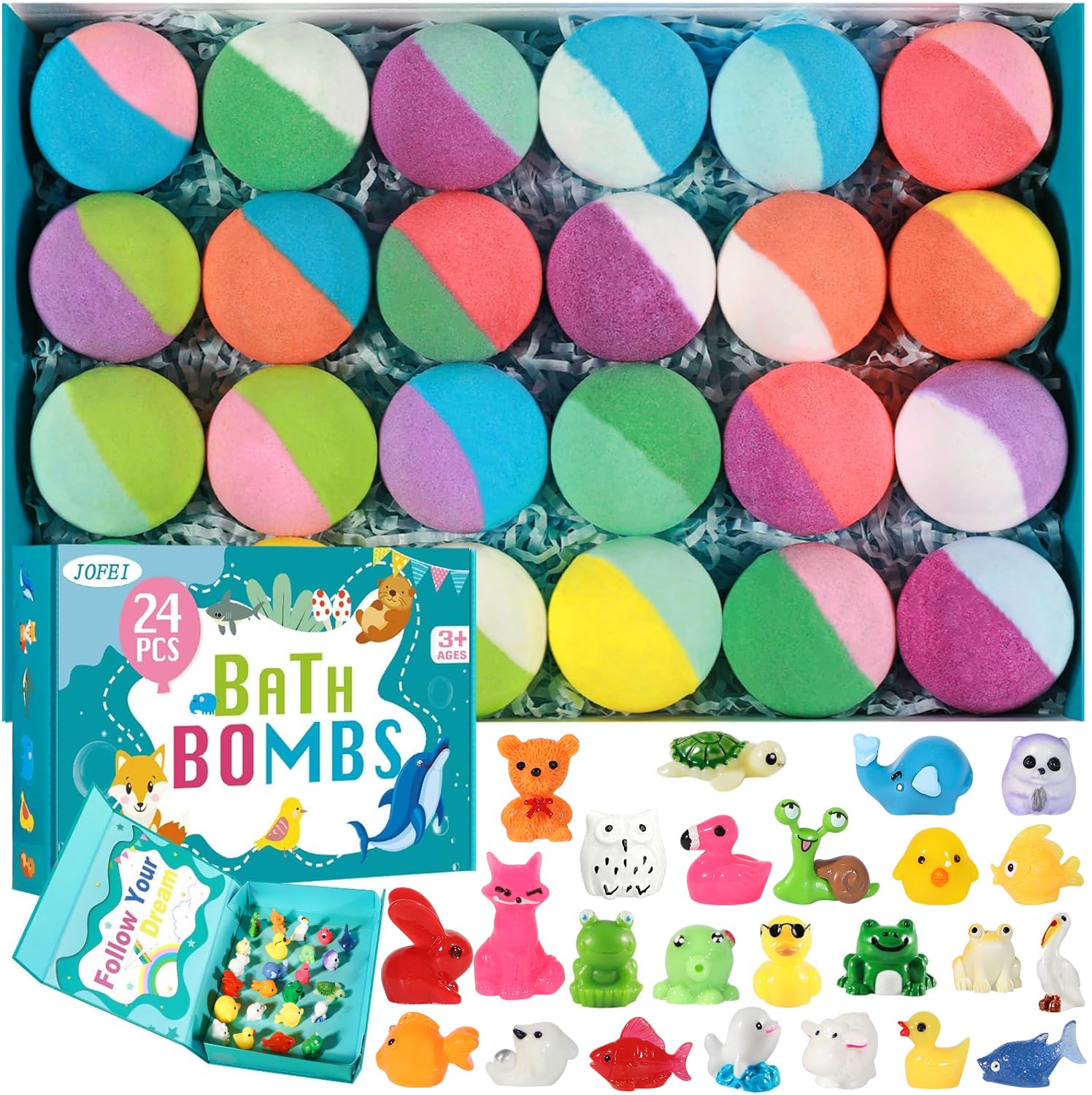 JOFEI kids bath bombs packaging box showing colorful set and surprise inside