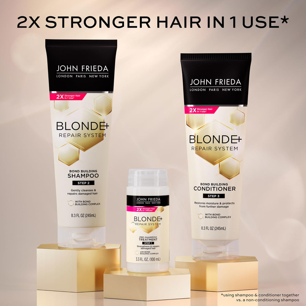 Pre-shampoo treatment bottle from John Frieda Blonde+ Repair system supports bond repair routine