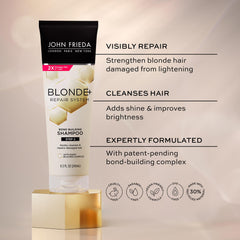Label close-up of John Frieda Blonde+ Repair shows vegan and dye-free formula