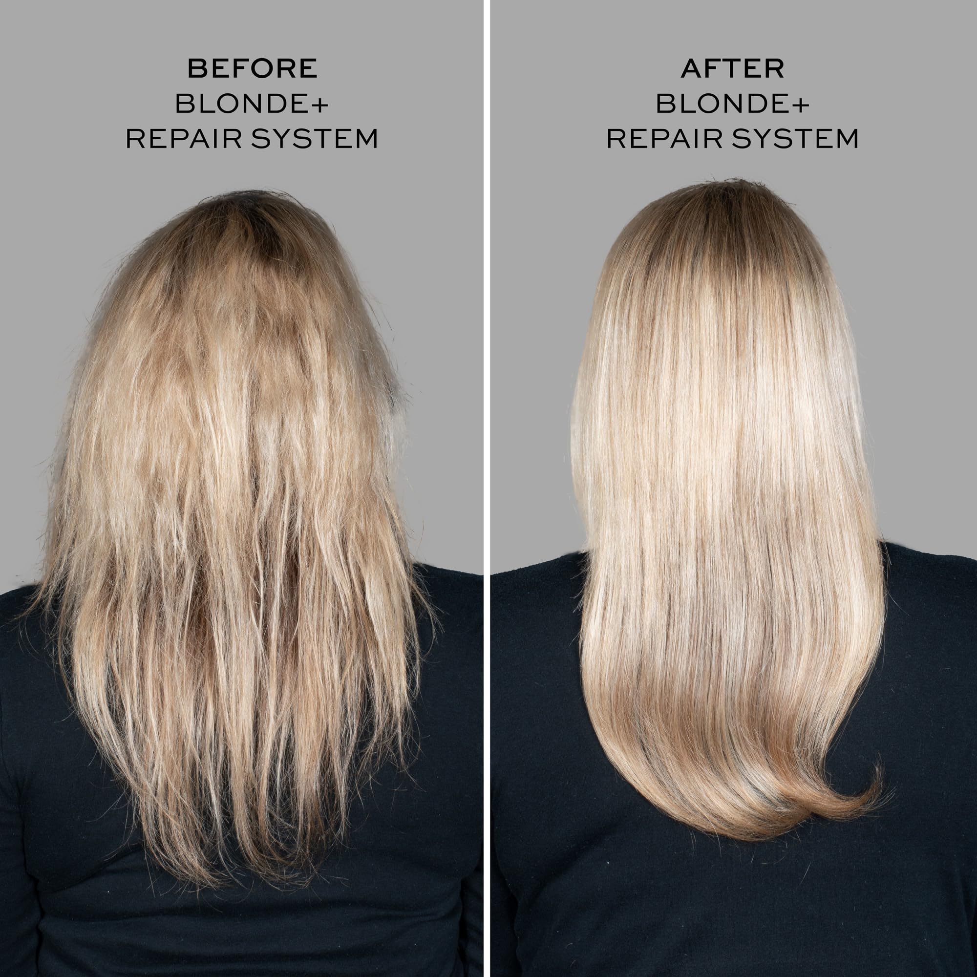 John Frieda Blonde+ Repair shampoo pouring action demonstrates quick cleansing for damaged blonde hair