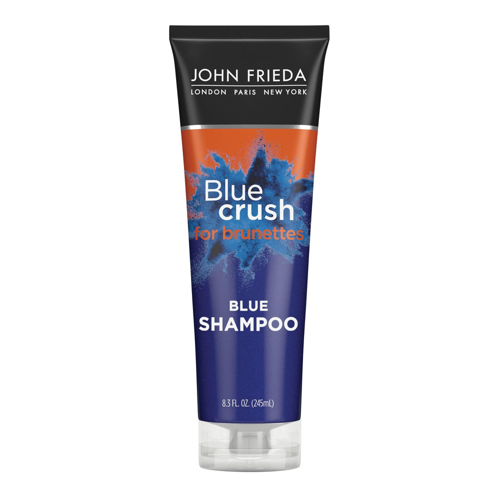 John Frieda Blue Crush Shampoo bottle suggests color correction for brunettes