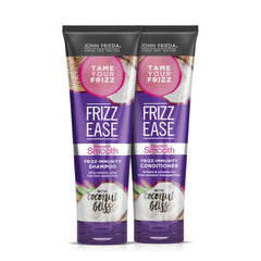 John Frieda Frizz Ease Beyond Smooth Shampoo bottle shows frizz immunity in humidity