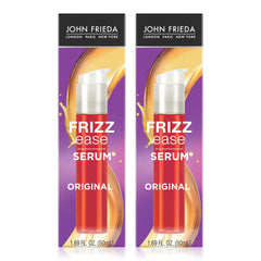 John Frieda Frizz Ease Original Hair Serum bottle closeup showing frizz reduction and shine.
