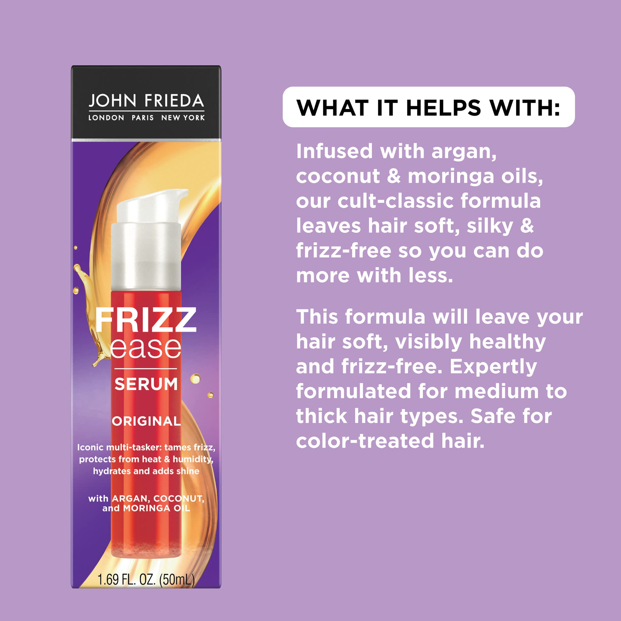 John Frieda Frizz Ease Original Hair Serum packaging on display signaling reliability.