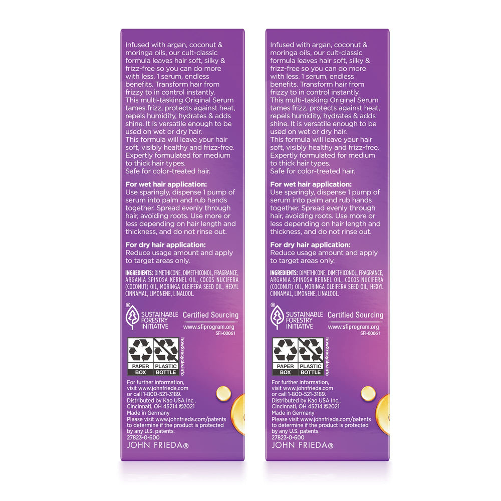 John Frieda Frizz Ease Original Hair Serum two bottles pack emphasizing value.