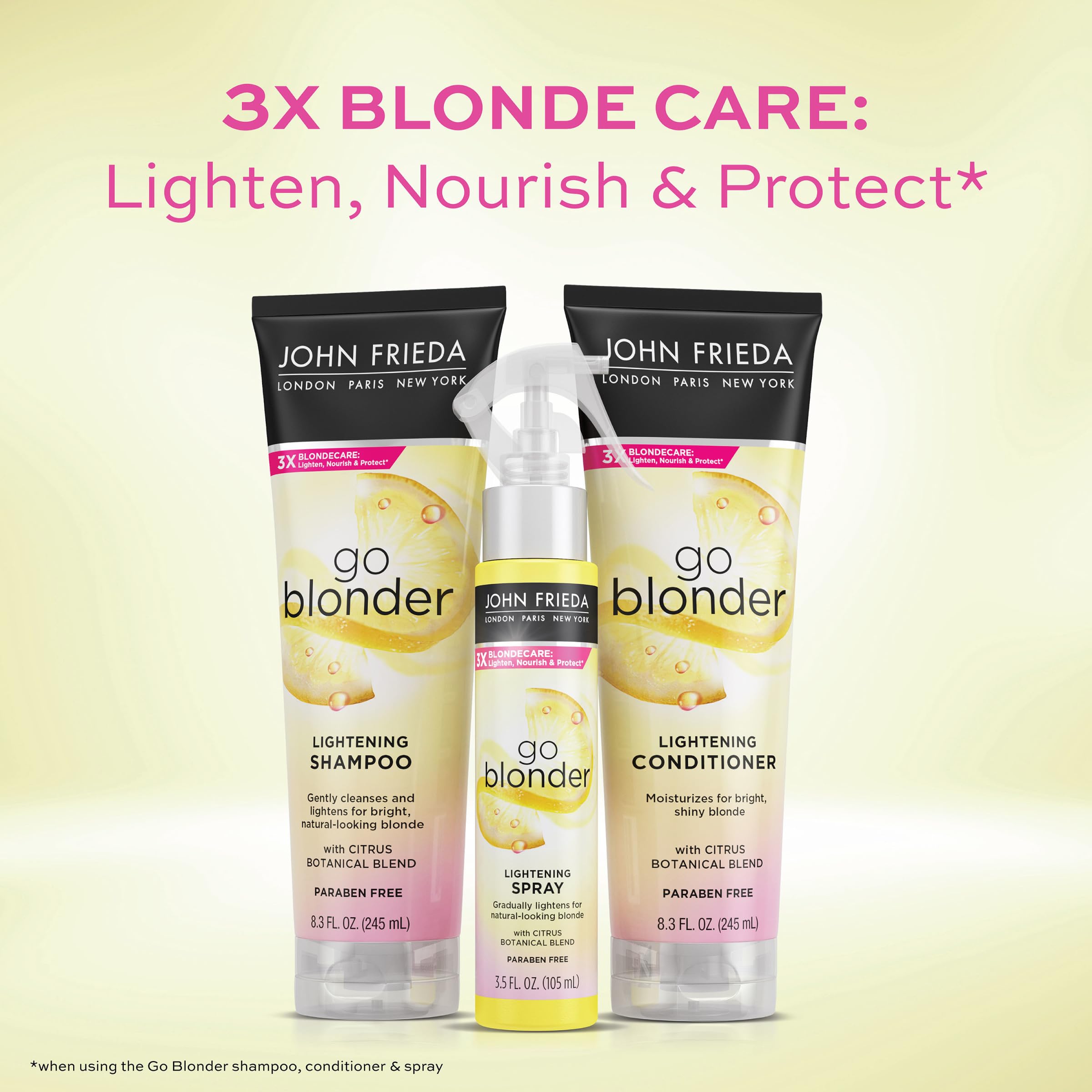 Go Blonder bottle beside 3.5 oz label communicates travel-friendly size