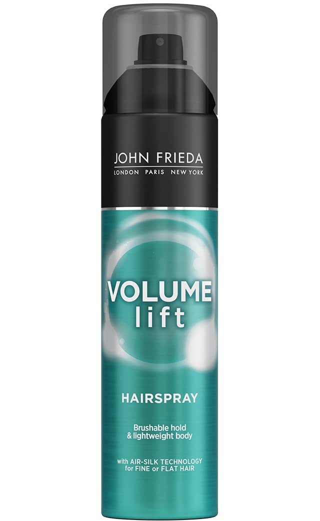 John Frieda Luxurious Volume Forever Full hairspray bottle delivers all-day lift for fine hair