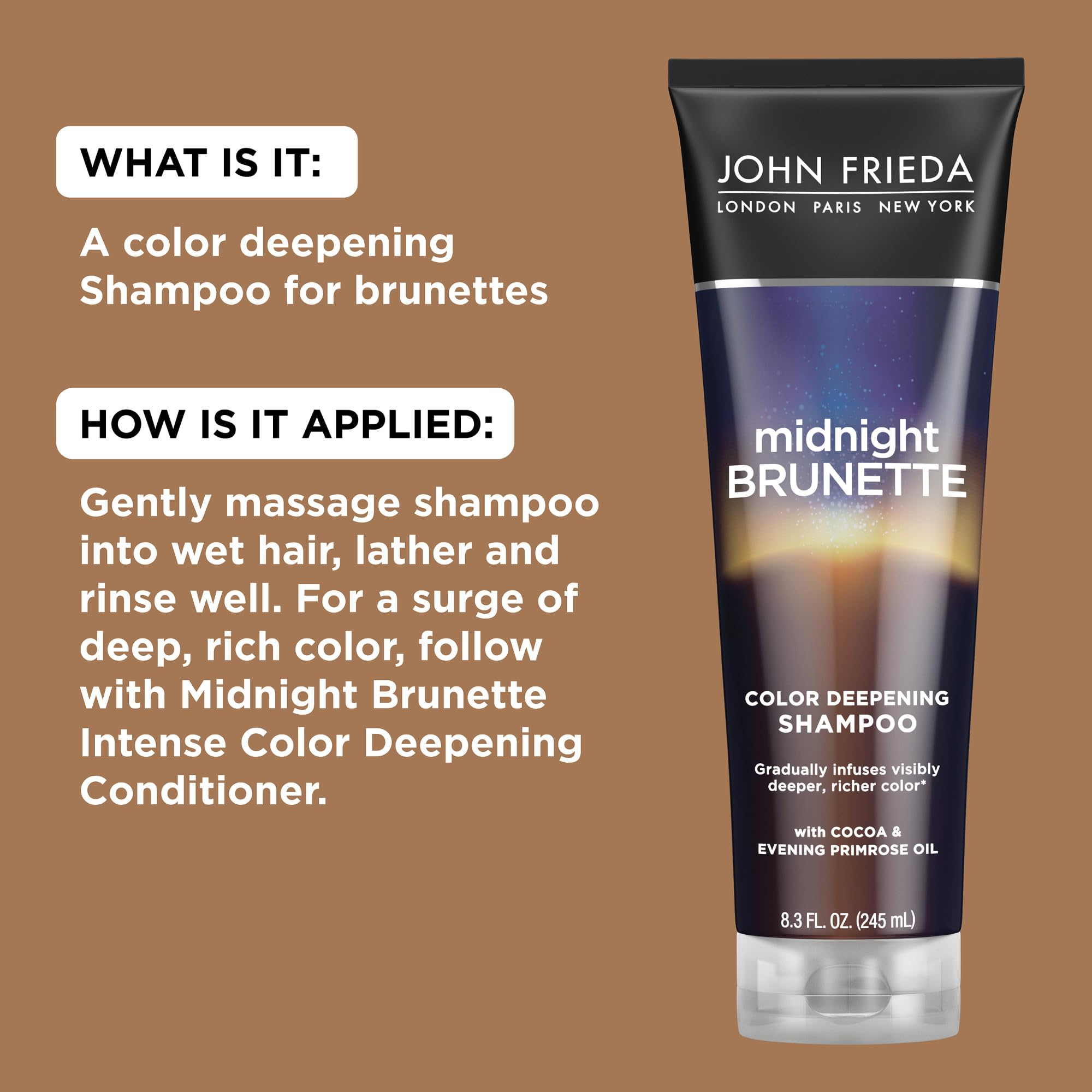 John Frieda Midnight Brunette cocoa oil close-up suggests indulgent color depth.